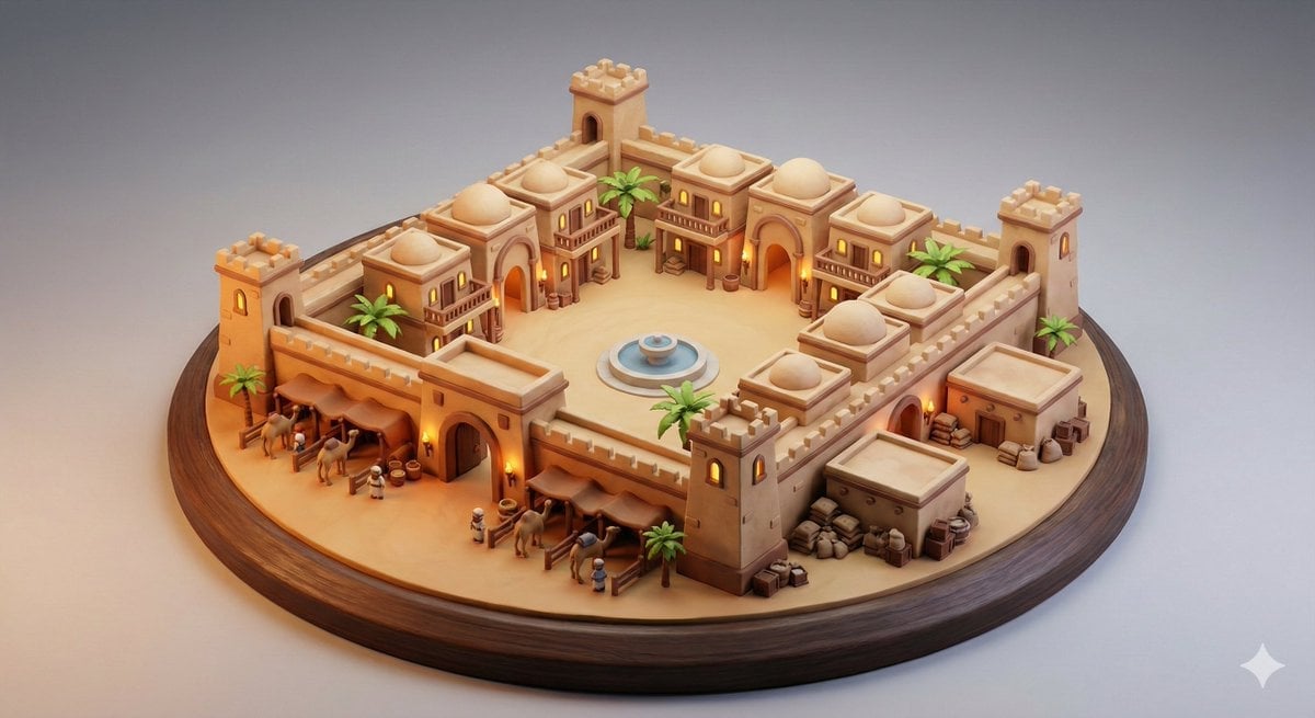 Whimsical Diorama of a Fortified Desert Caravanserai