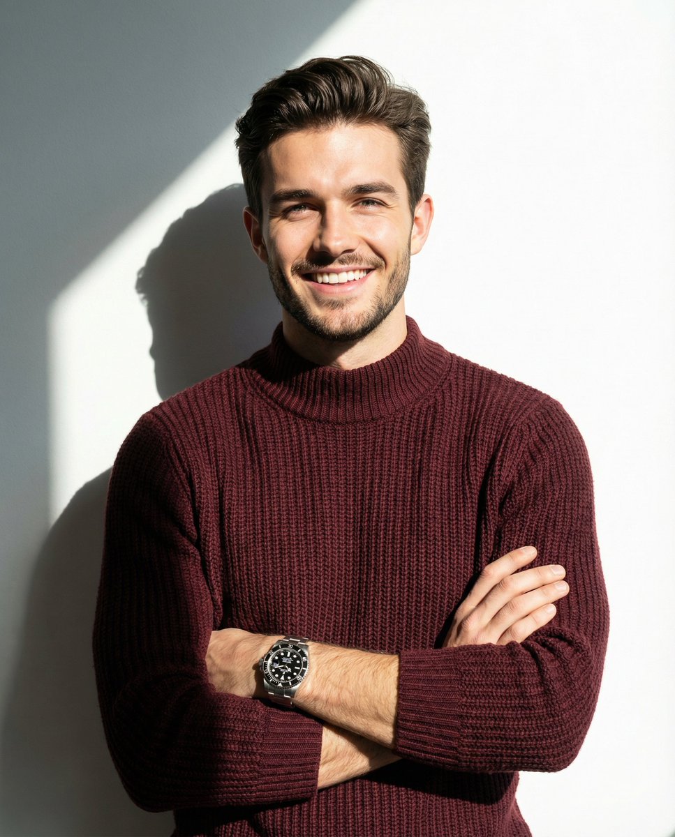 A man smiling and posing with his arms crossed, wearing a maroon knitted