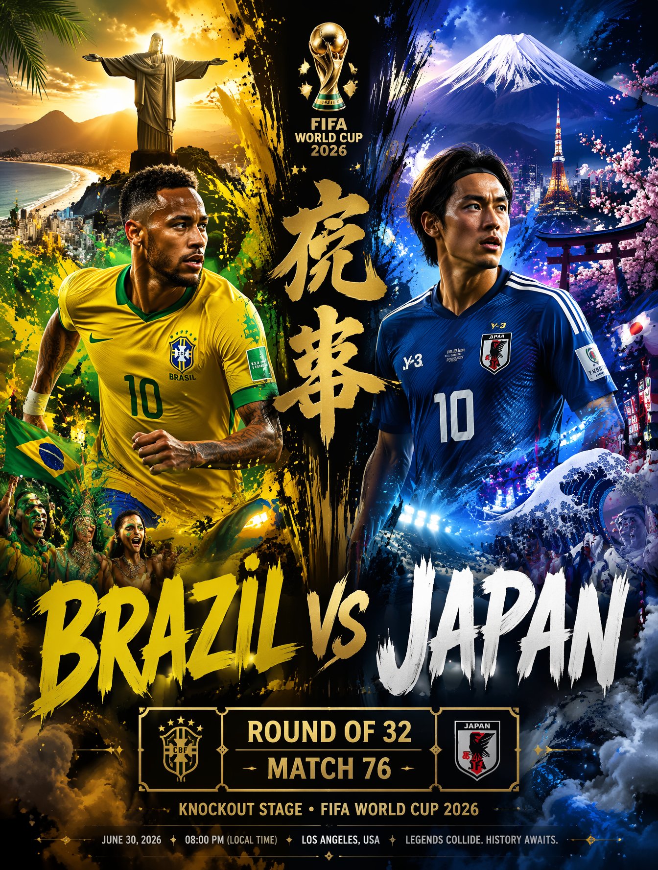 Brazil Versus Japan Knockout Split Rivalry Poster