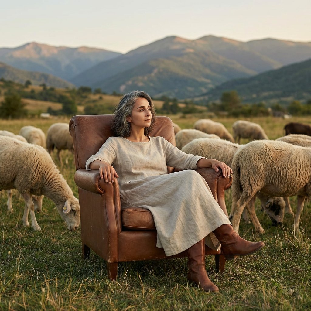 Editorial Photography of Woman in Armchair with Sheep