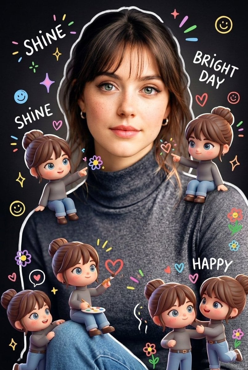 Surrounding the realistic main subject are multiple cute, 3D-style chibi