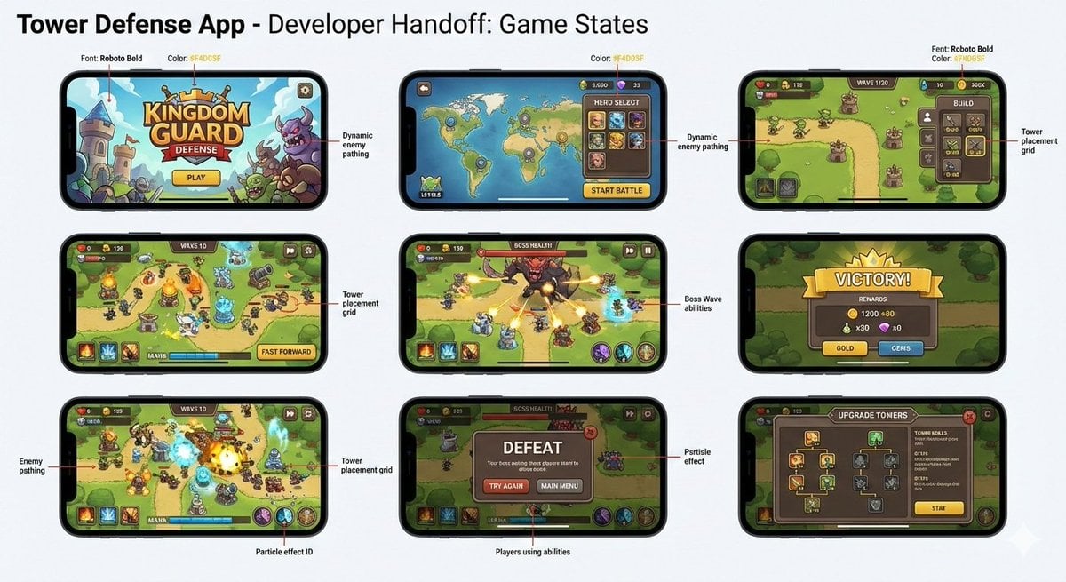Tower defense mobile app design mockup grid