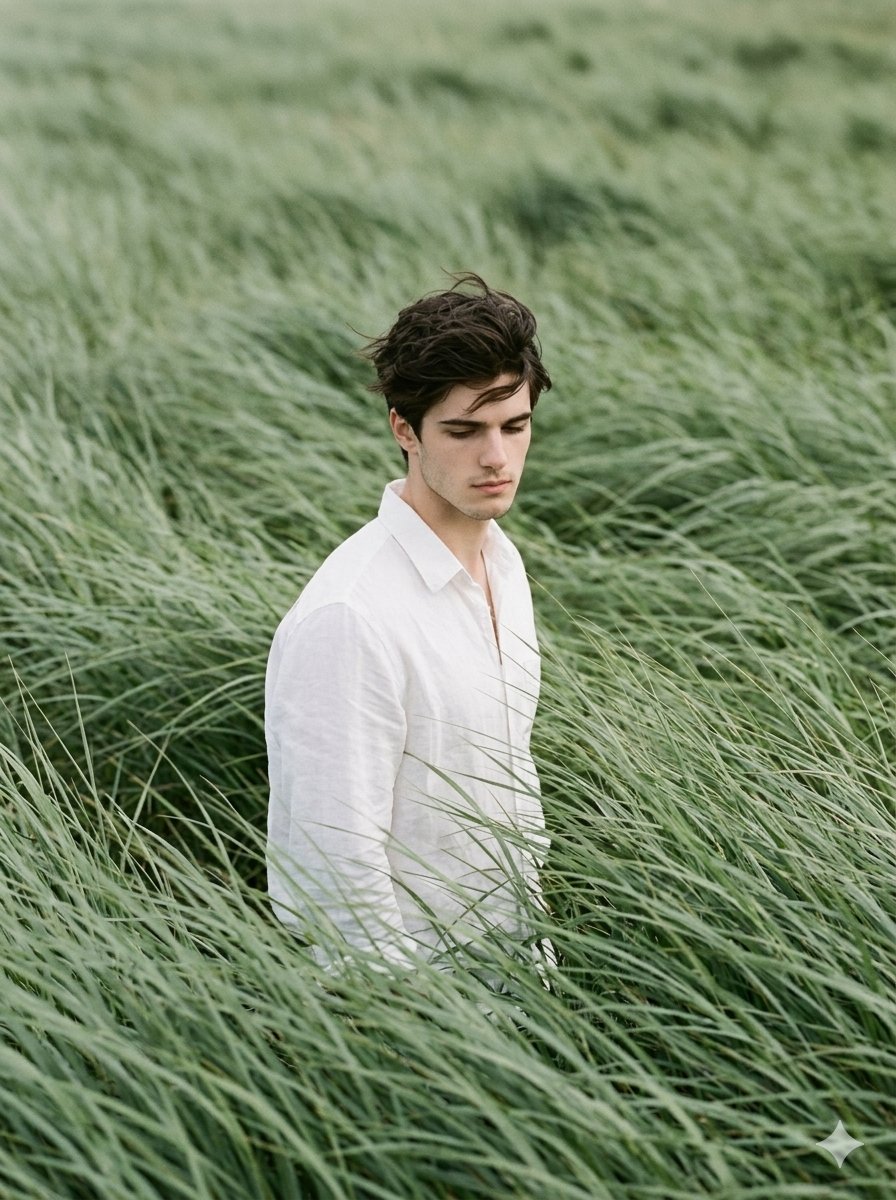 Cinematic Editorial Portrait in Sage Green Grass Fields