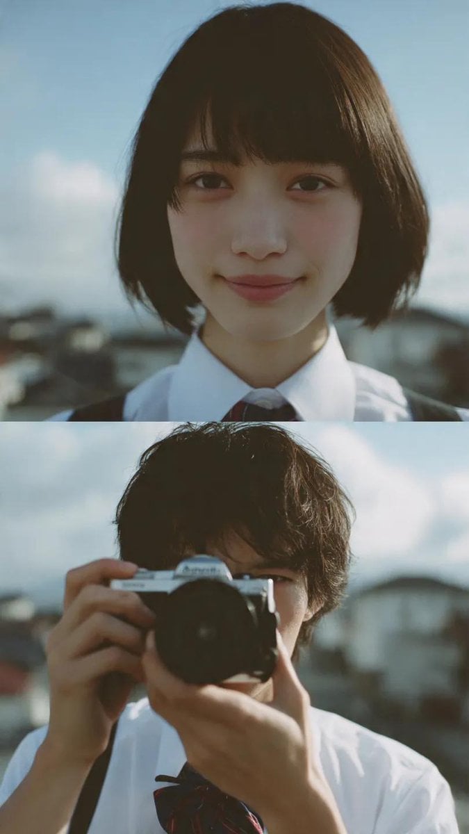 Cinematic diptych of teenagers on a rooftop