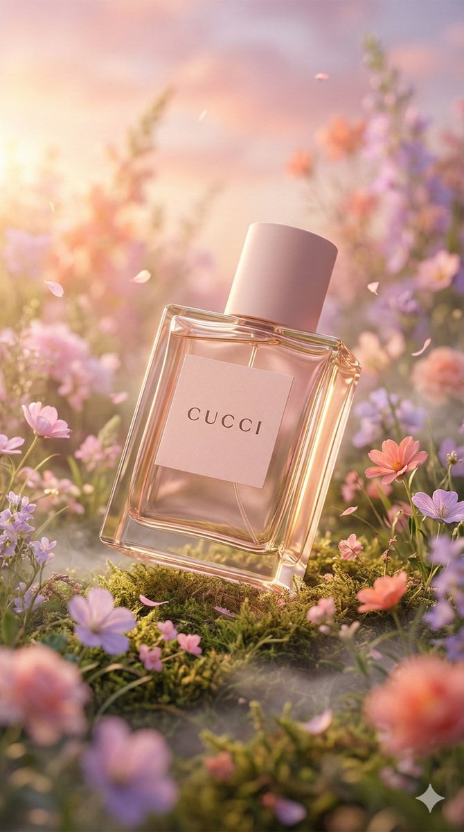 Hyper-realistic luxury perfume product shot in fantasy meadow