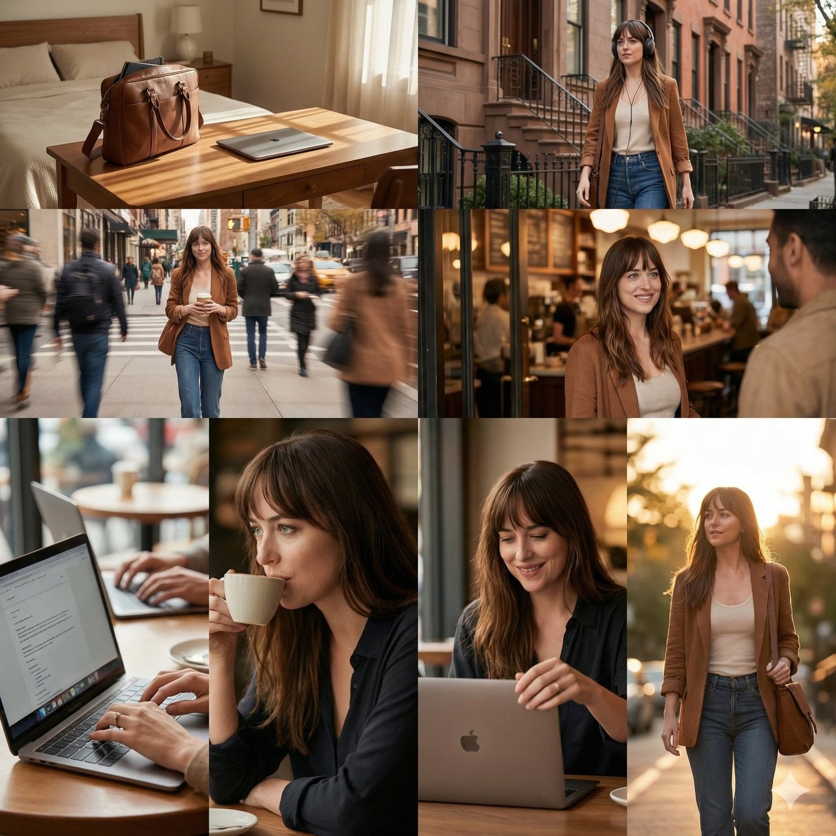 Cinematic 8-photo storytelling collage featuring the same girl