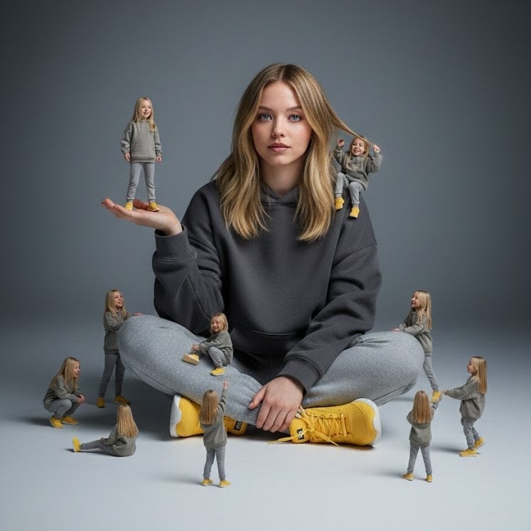 A creative surreal image of a woman sitting on the ground, wearing