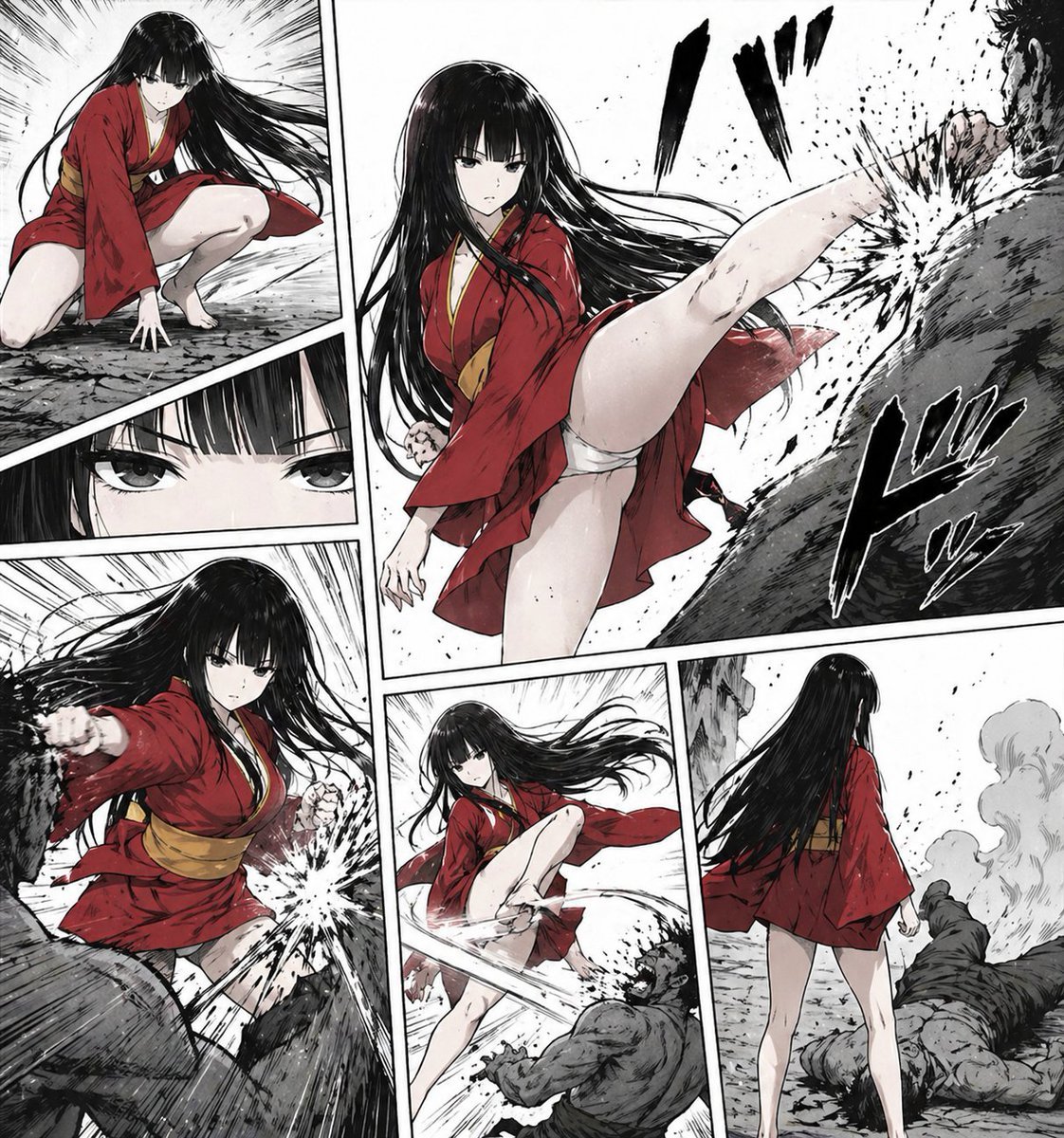 Brutal Red-Kimono Manga Fight Page