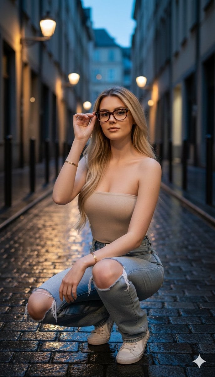 Hyper-realistic twilight portrait in a European alleyway