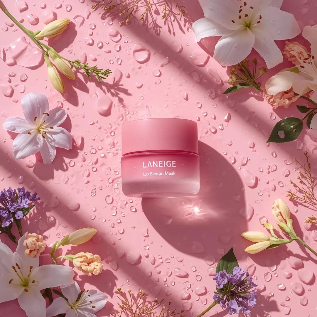 A hyper-realistic beauty product photograph of a pink jar placed