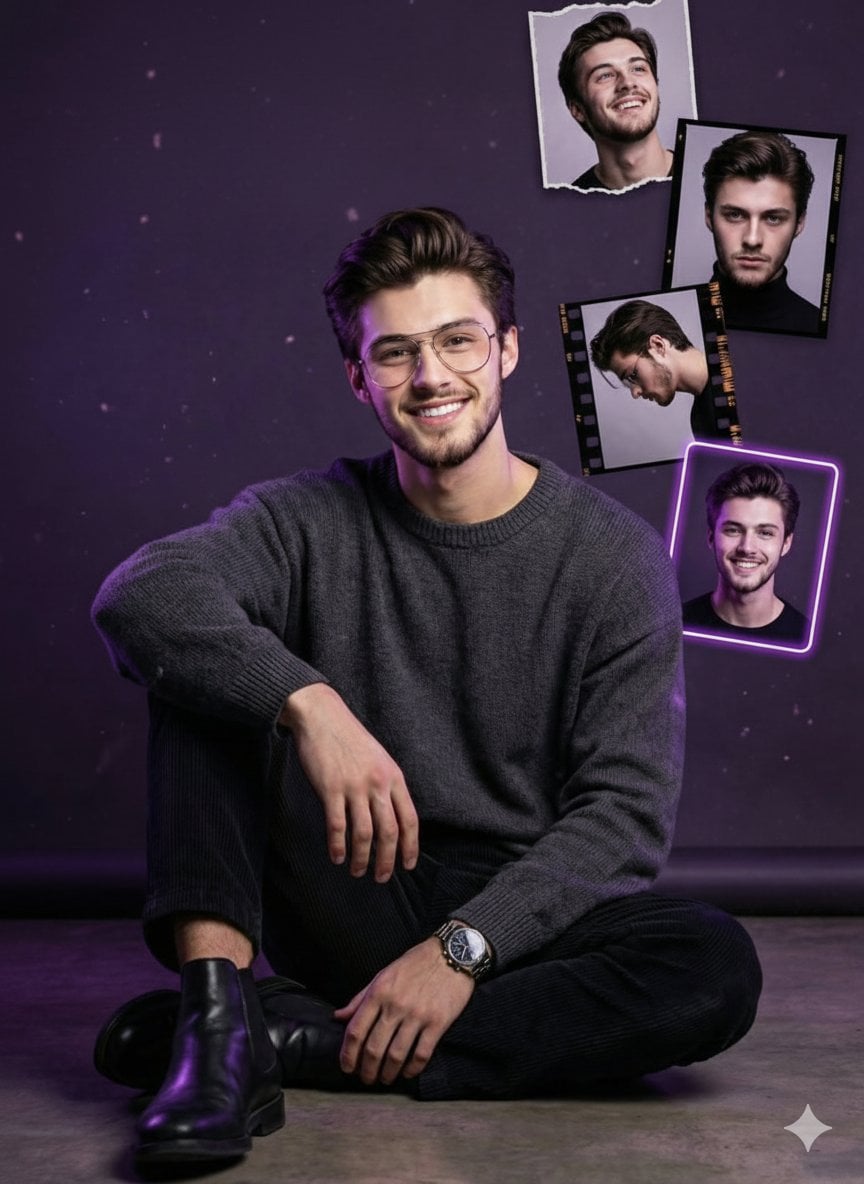 Stylish, cinematic birthday-themed studio portrait with a modern