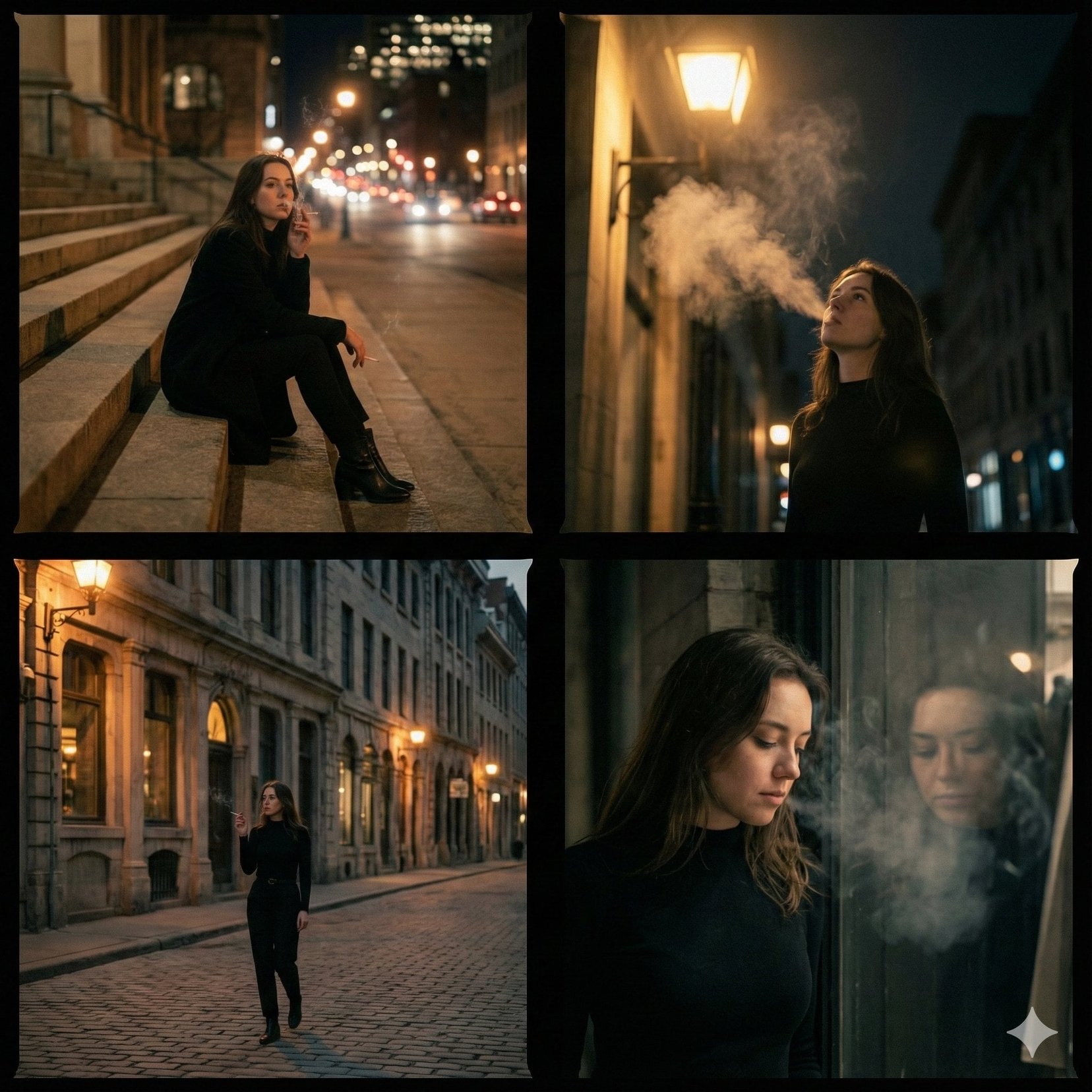 A cinematic 4-panel photo collage showing a quiet, introspective city