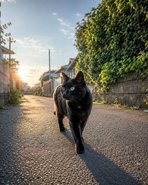 Morning Black Cat Street Walk