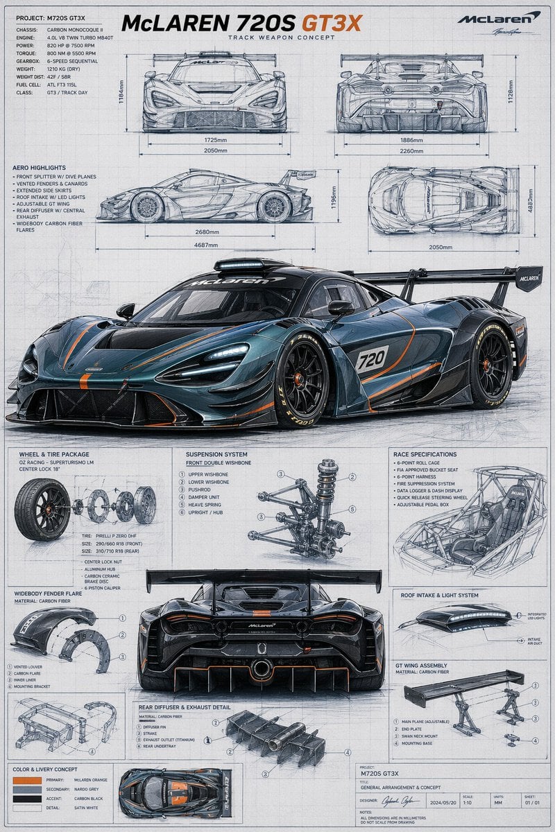McLaren GT3X Technical Blueprint Poster