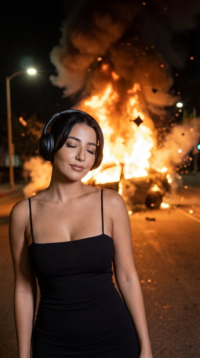Candid Night Photo with Explosion Background Prompt