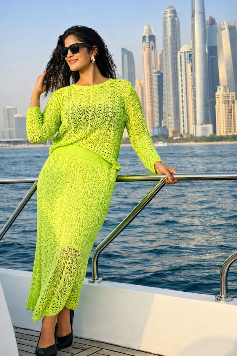 Lifestyle Portrait on Yacht in Neon Green Knitwear
