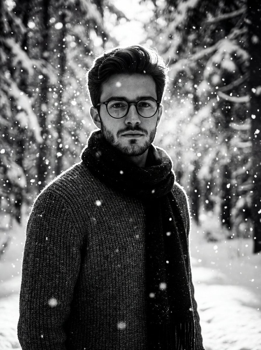 Winter Forest Portrait with Dramatic Backlight