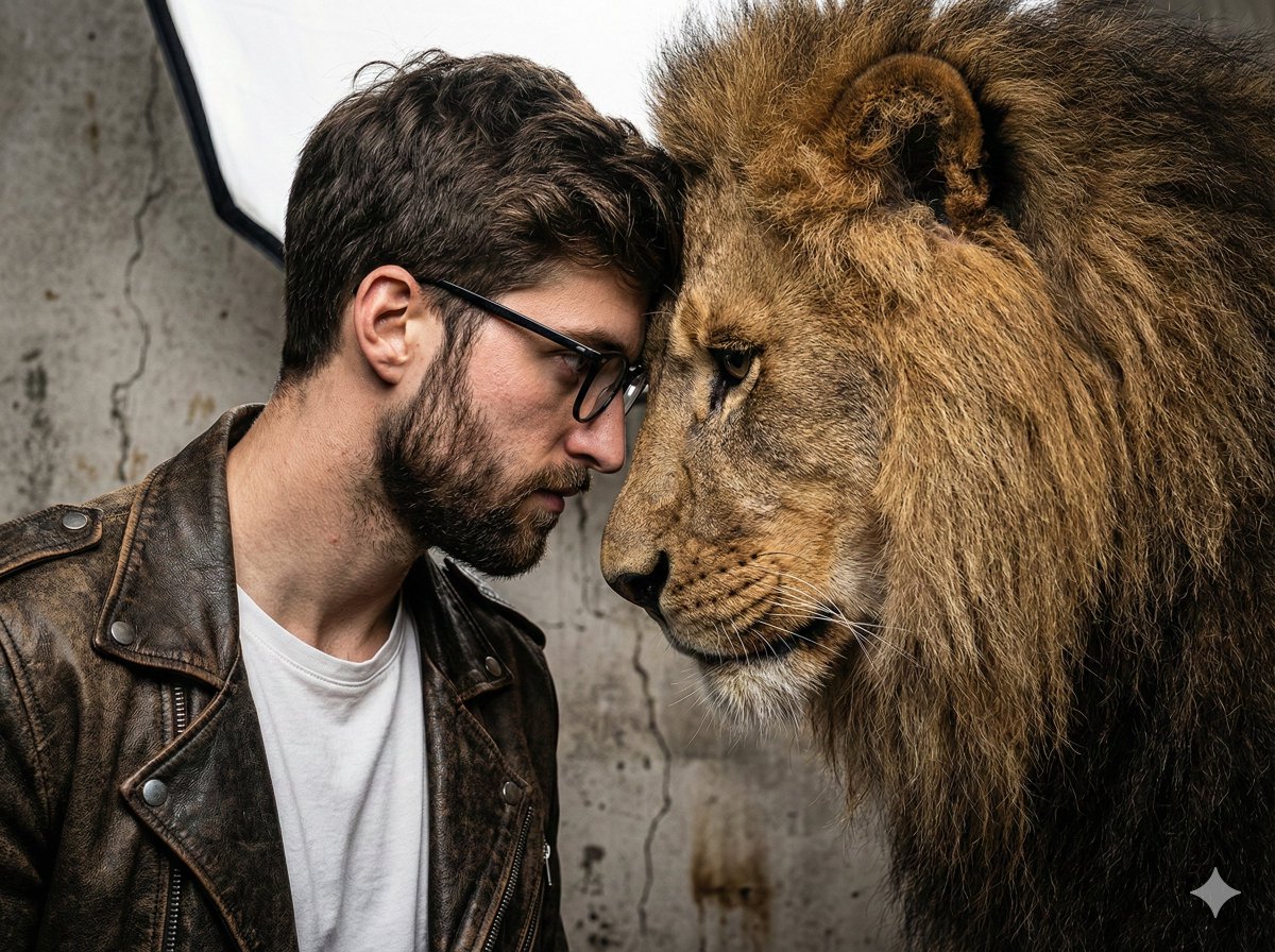 Hyper-Realistic Man and Lion Portrait (Face Preservation)