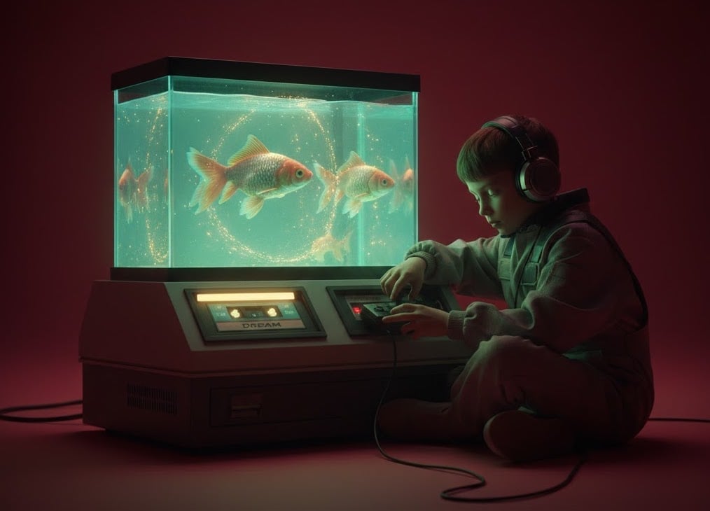 Cyberpunk Boy and Goldfish Tank Scene