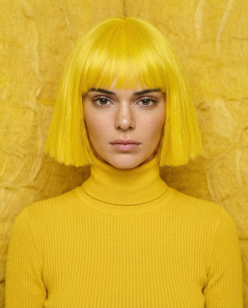 Monochromatic canary yellow portrait of Kendall Jenner in an isolation booth