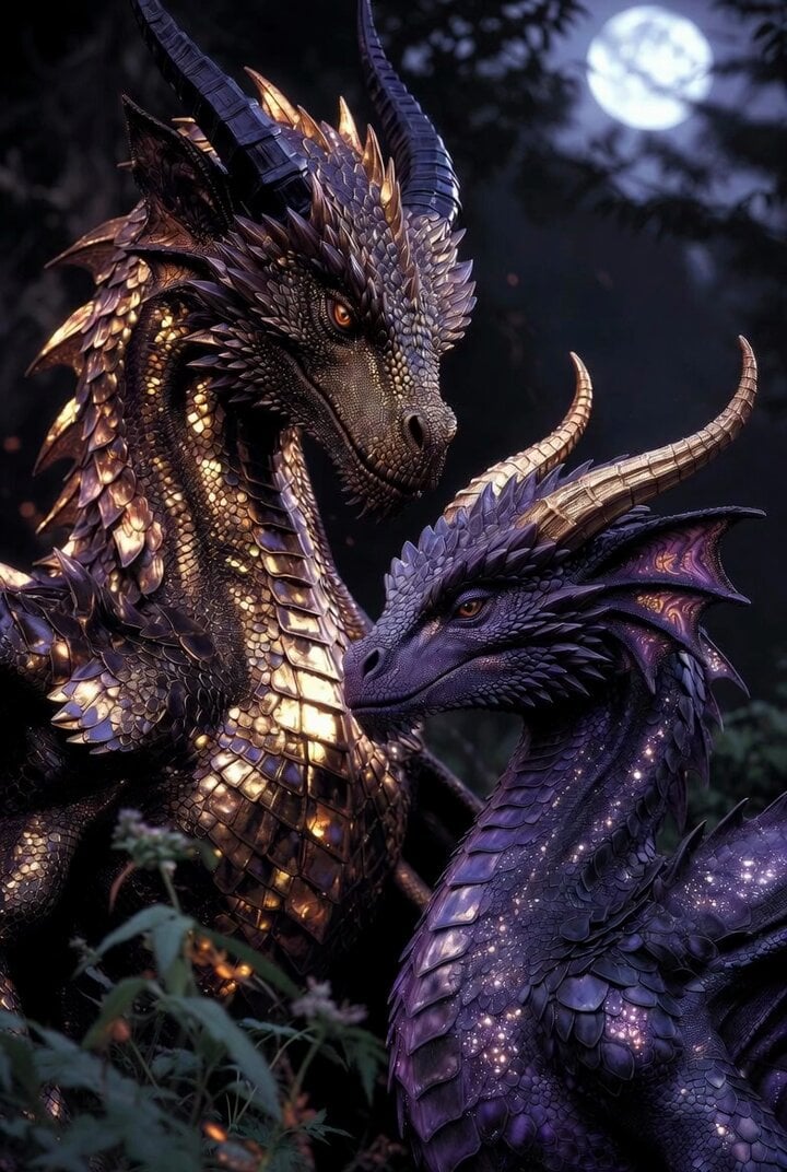 Two silver dragons in moonlight serenade