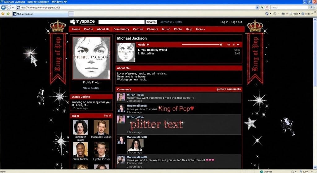 Authentic vintage MySpace page for a person