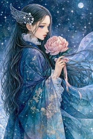 Moonlit Anime Woman with Peony