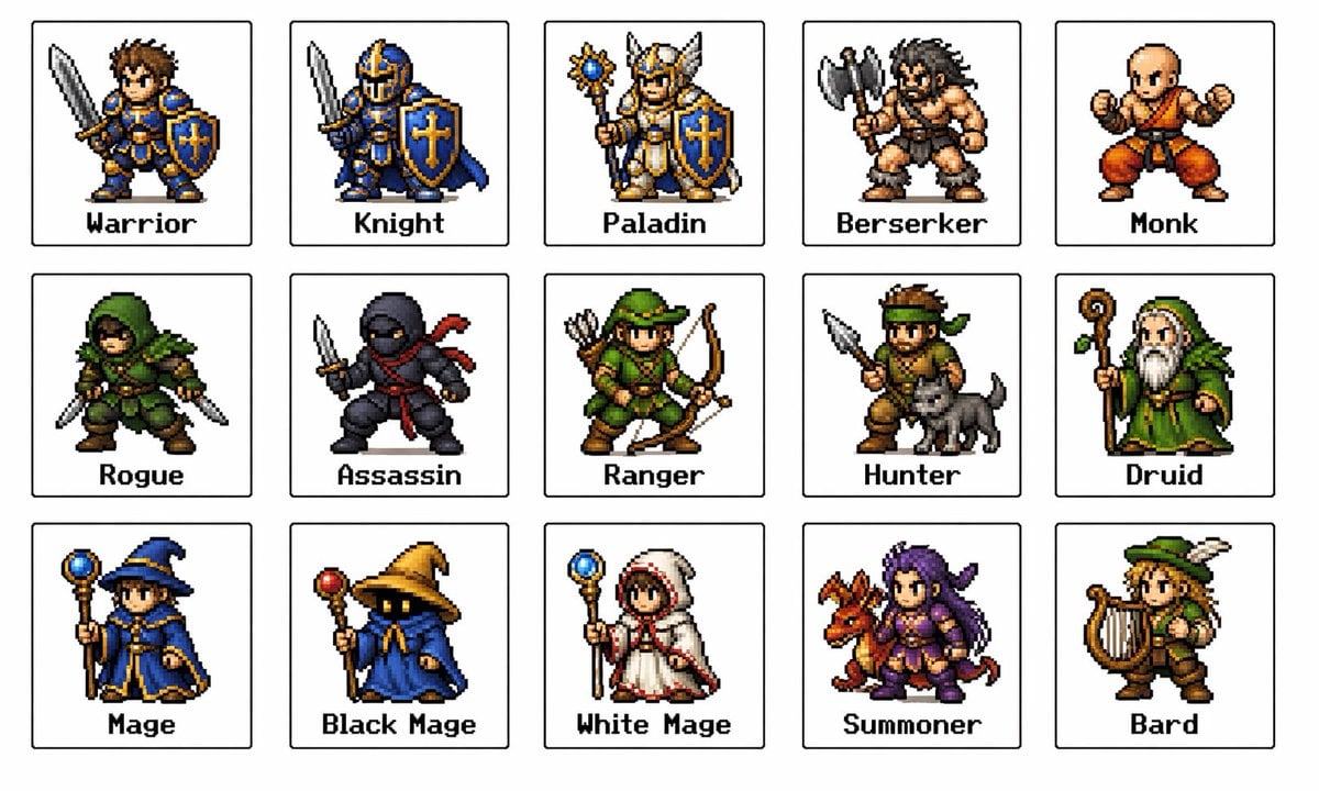 Retro Fantasy Class Sprite Grid