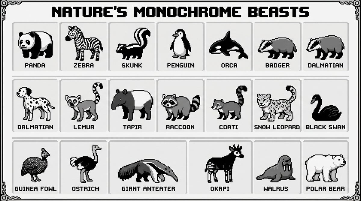 bit pixel art poster of black-and-white animals