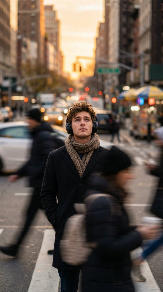 Introspective Man in Motion-Blurred City Crowd