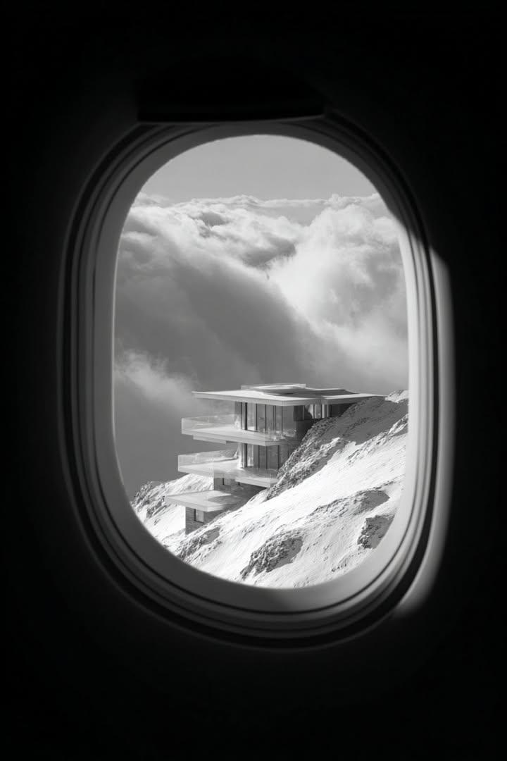 Black and White Futuristic House from Airplane Window