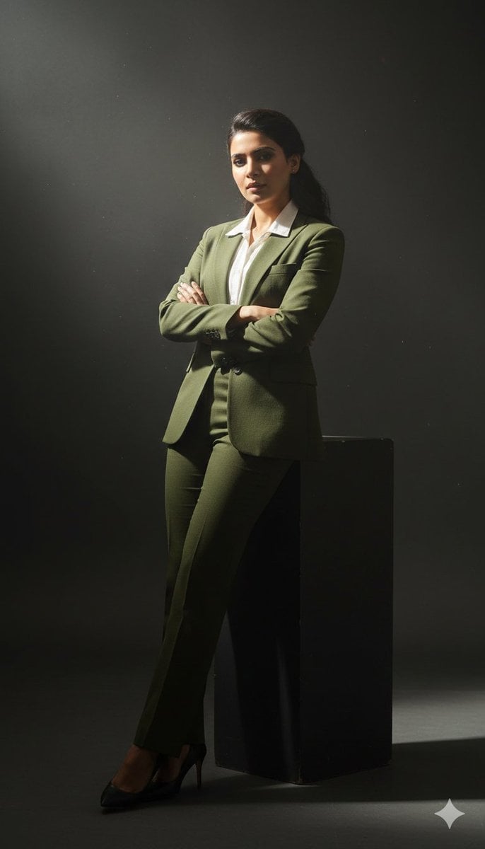 Cinematic full-body studio portrait of a subject using the uploaded face