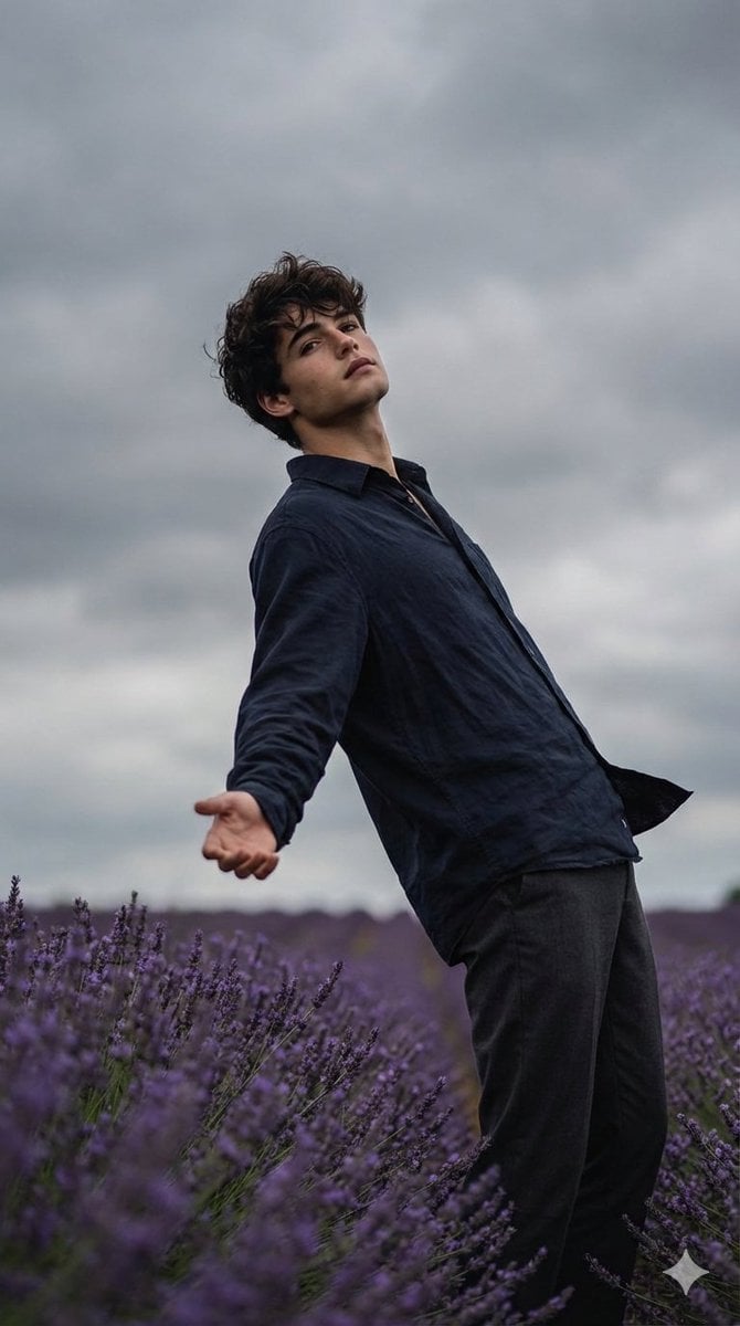Cinematic Moody Photograph of Man in Flower Field