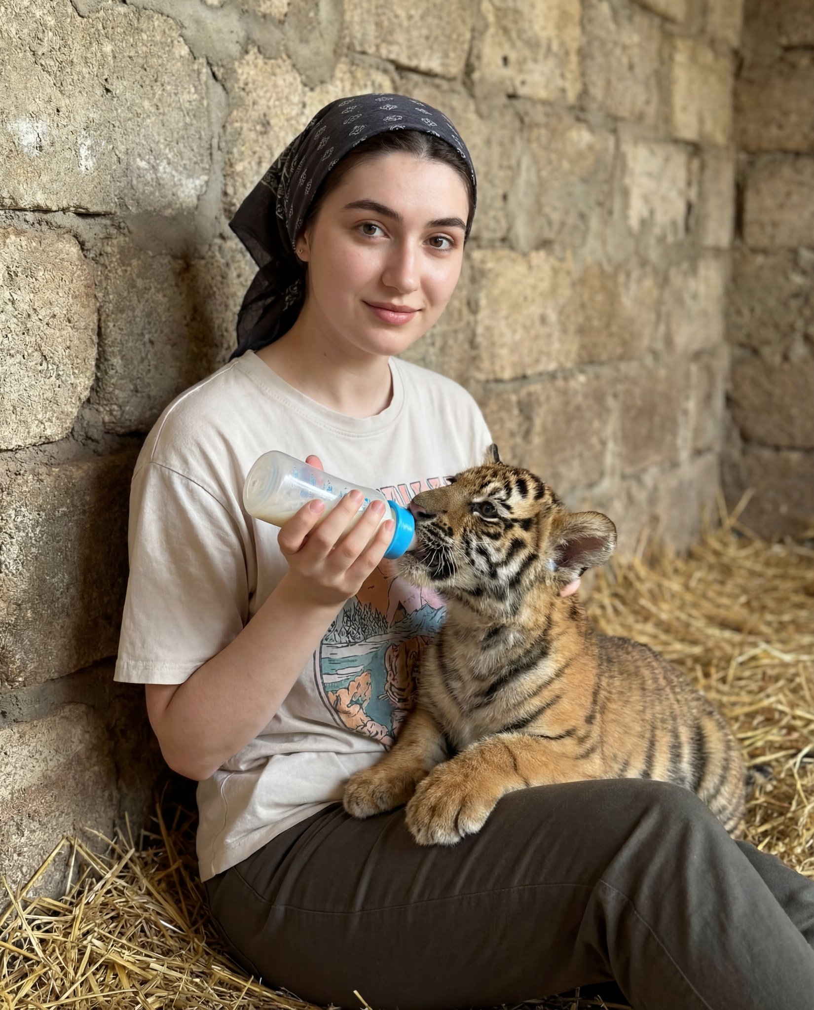 Human subject seated slightly right of center, animal positioned lower