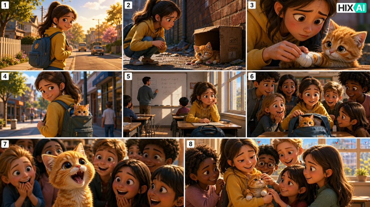 Eight-Panel Kitten Rescue Storyboard