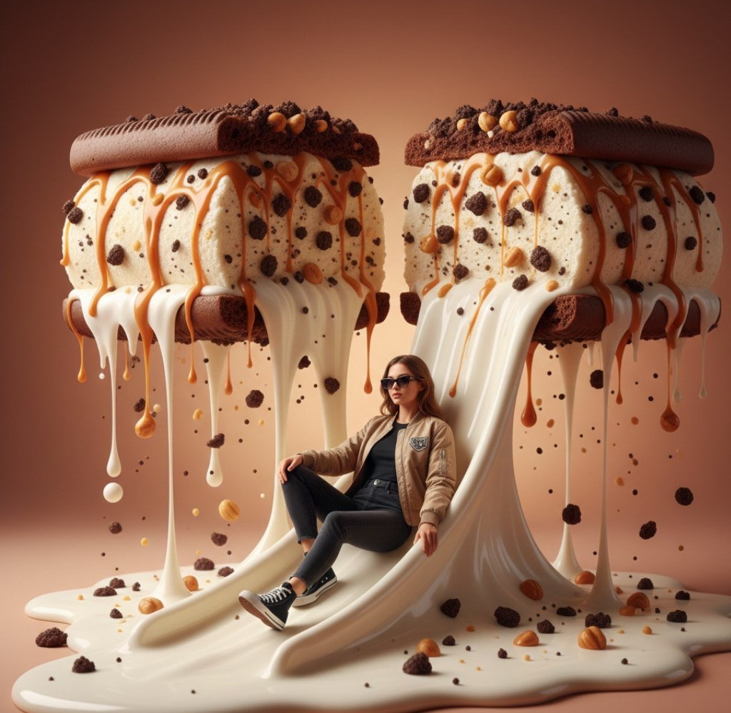 Surreal Woman Sliding Down Melted Ice Cream or Jam
