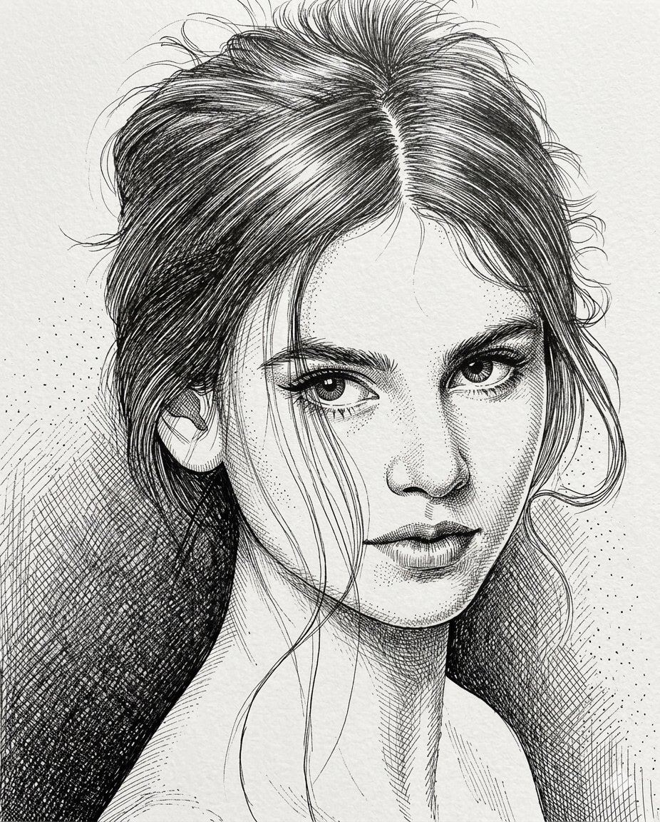 High-Contrast Pen and Ink Portrait