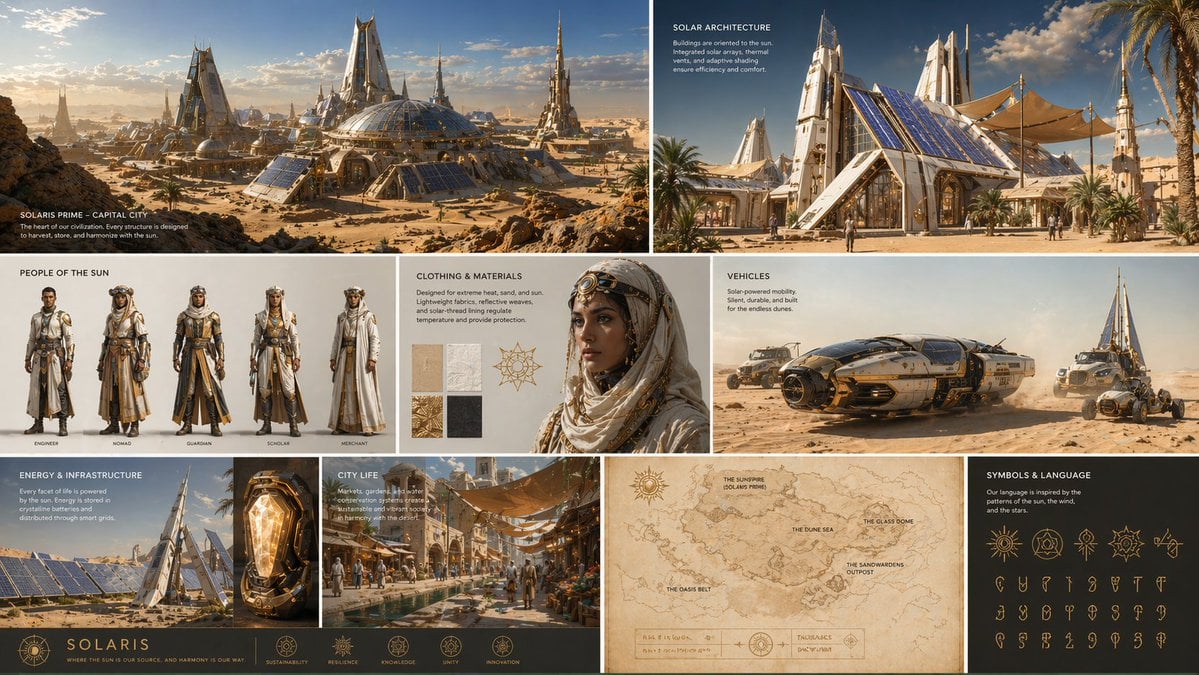 Complete visual worldbuilding set for a futuristic desert civilization