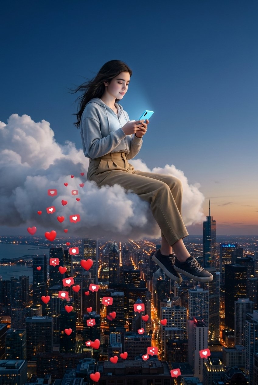 Floating Woman Above Cityscape with Notifications