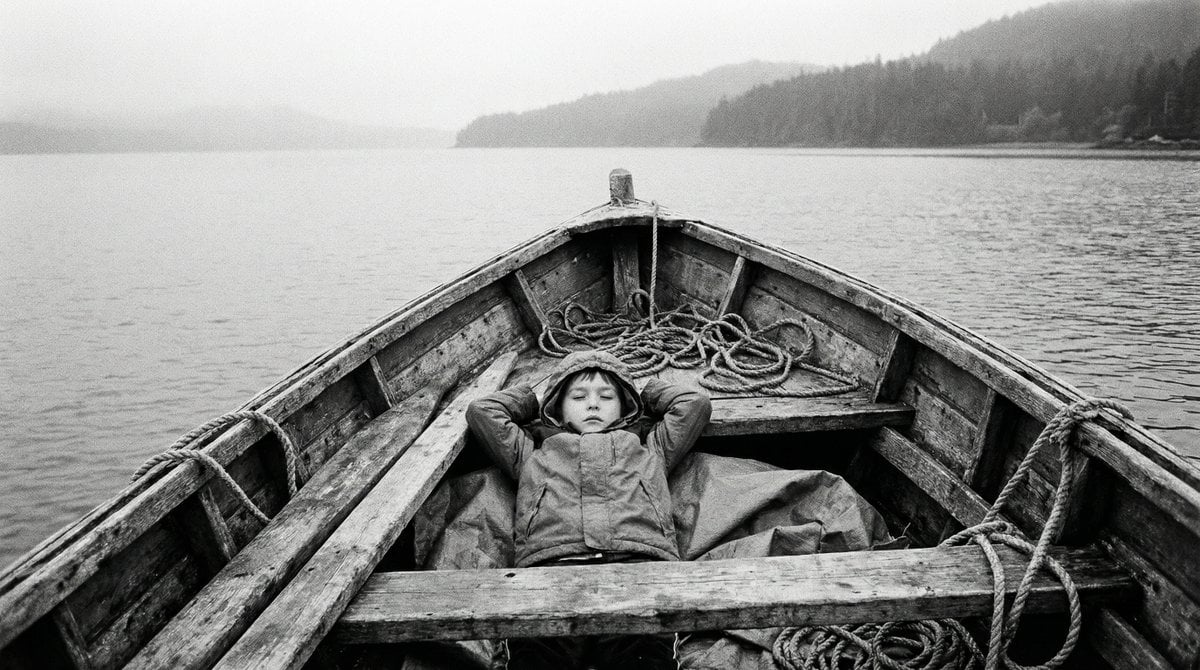 Black and White Documentary Photo of Child in Boat