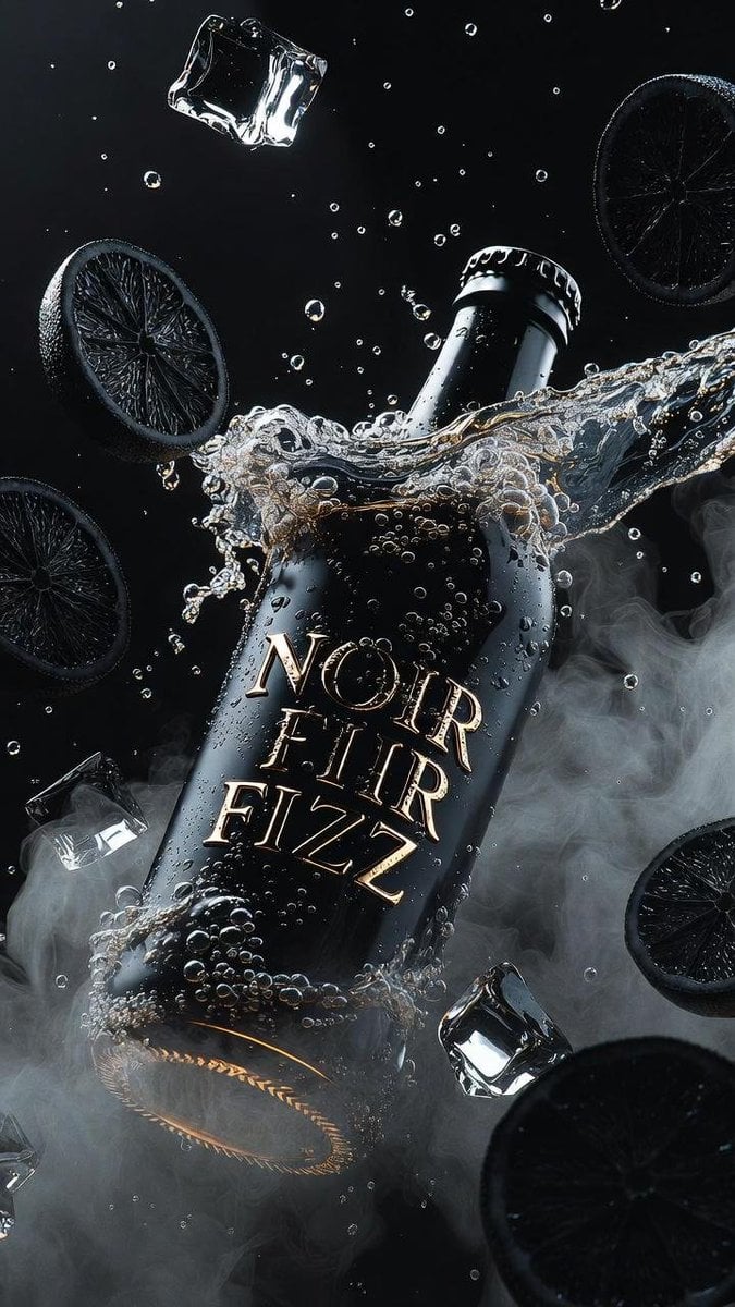 Ultra-cinematic product photography of a matte black luxury soda bottle