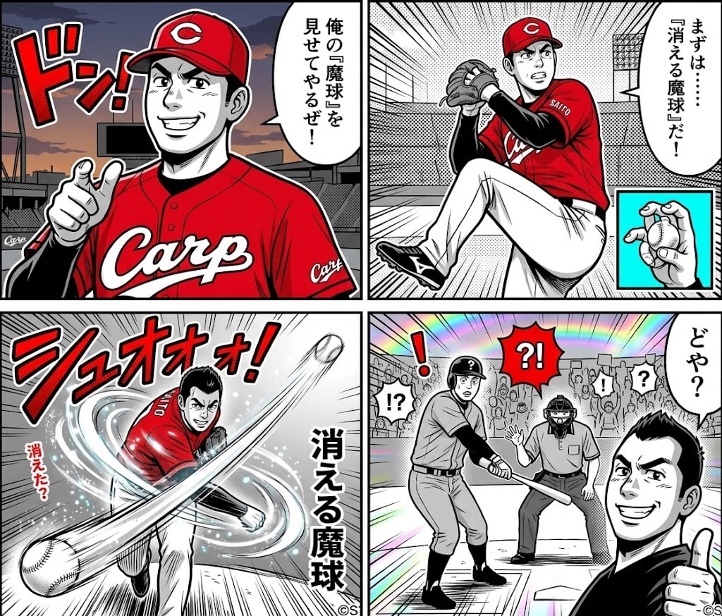 AI-generated 4-panel manga: The Vanishing Magic Ball