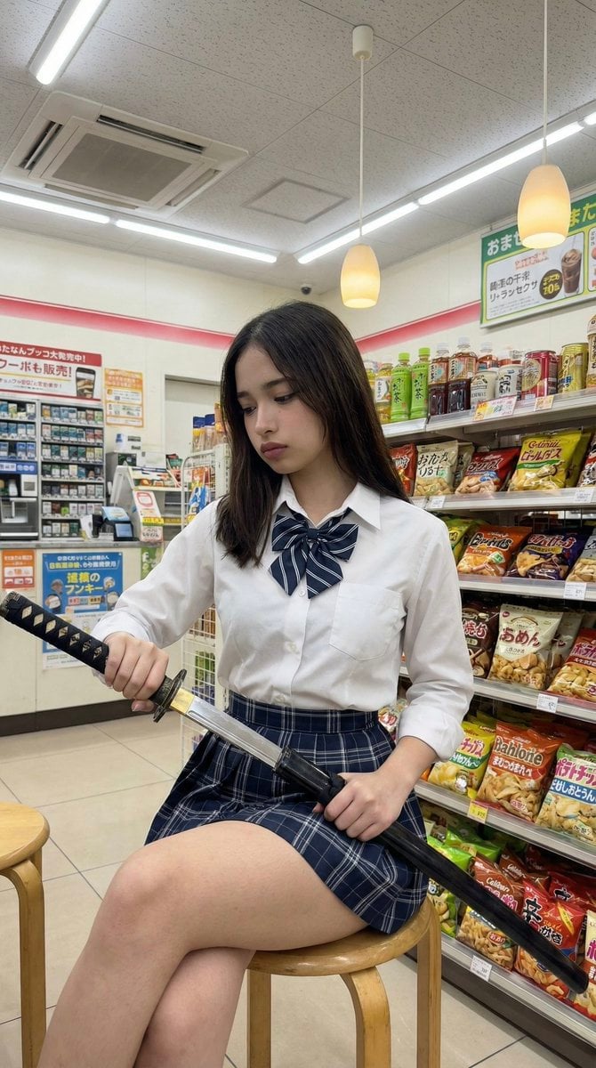 Japanese Konbini Portrait with Katana