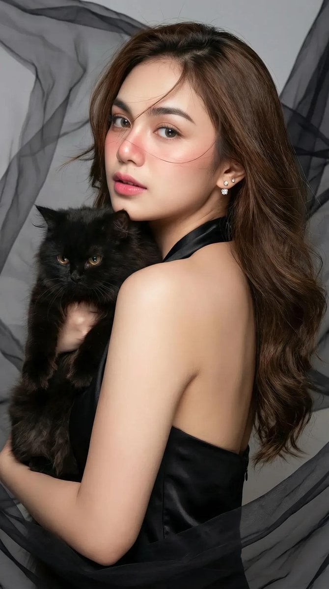 High-Fashion Portrait of an Asian Woman with a Black Cat