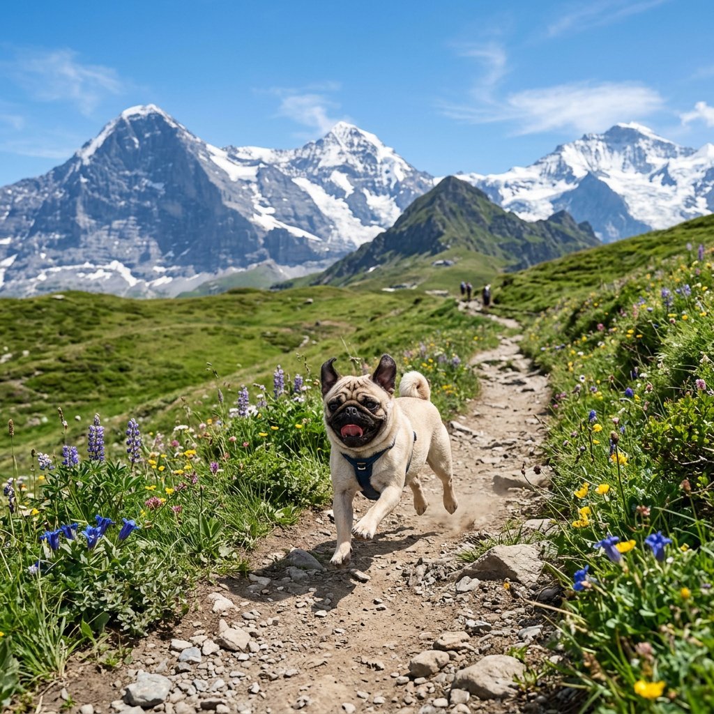 Pug Running on Alpine Trail