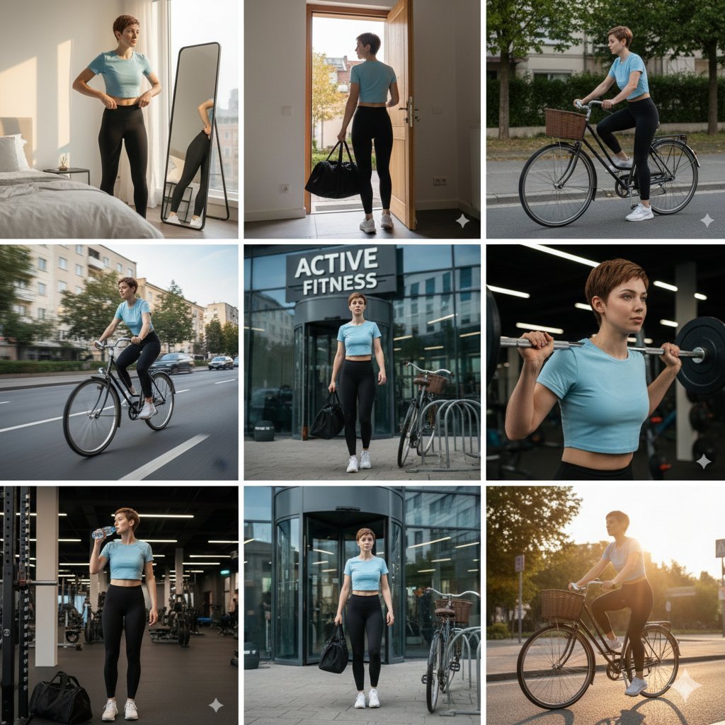 Ultra-realistic cinematic 9-photo collage of a gym girl's fitness journey