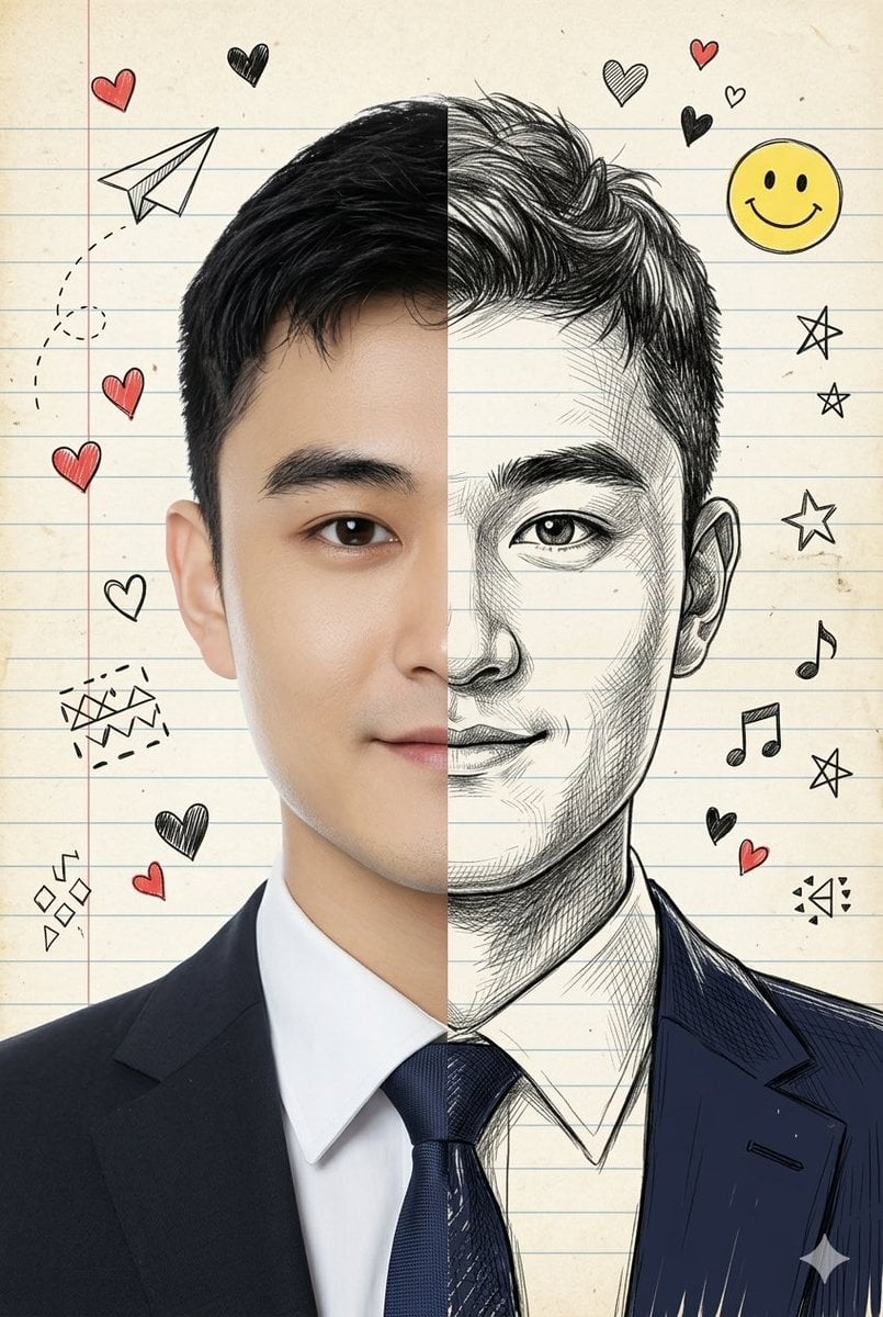 Split-View Mixed-Media Portrait (Photo and Illustration)