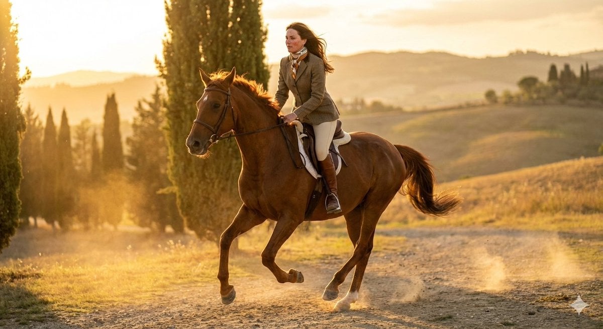 Dynamic Equestrian Model in Tuscan Fields at Golden Hour