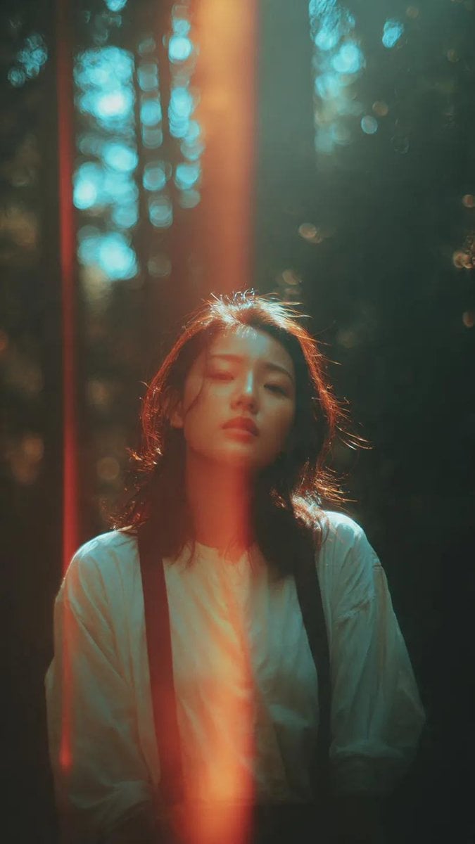 A cinematic portrait of an Asian woman standing in a quiet forest