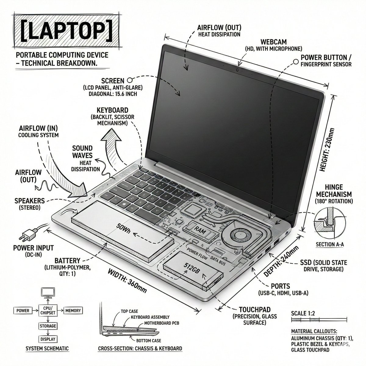 Technical Infographic Overlay on a Laptop Image
